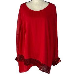 JM Collection 3X-Large Top Sequins Split Balloon Sleeve Scoop Neck Lined Red New